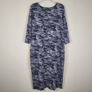G.I.L.I. Size L Jersey Knit Stretch Midi Dress Camo 3/4 Sleeve Black Brown